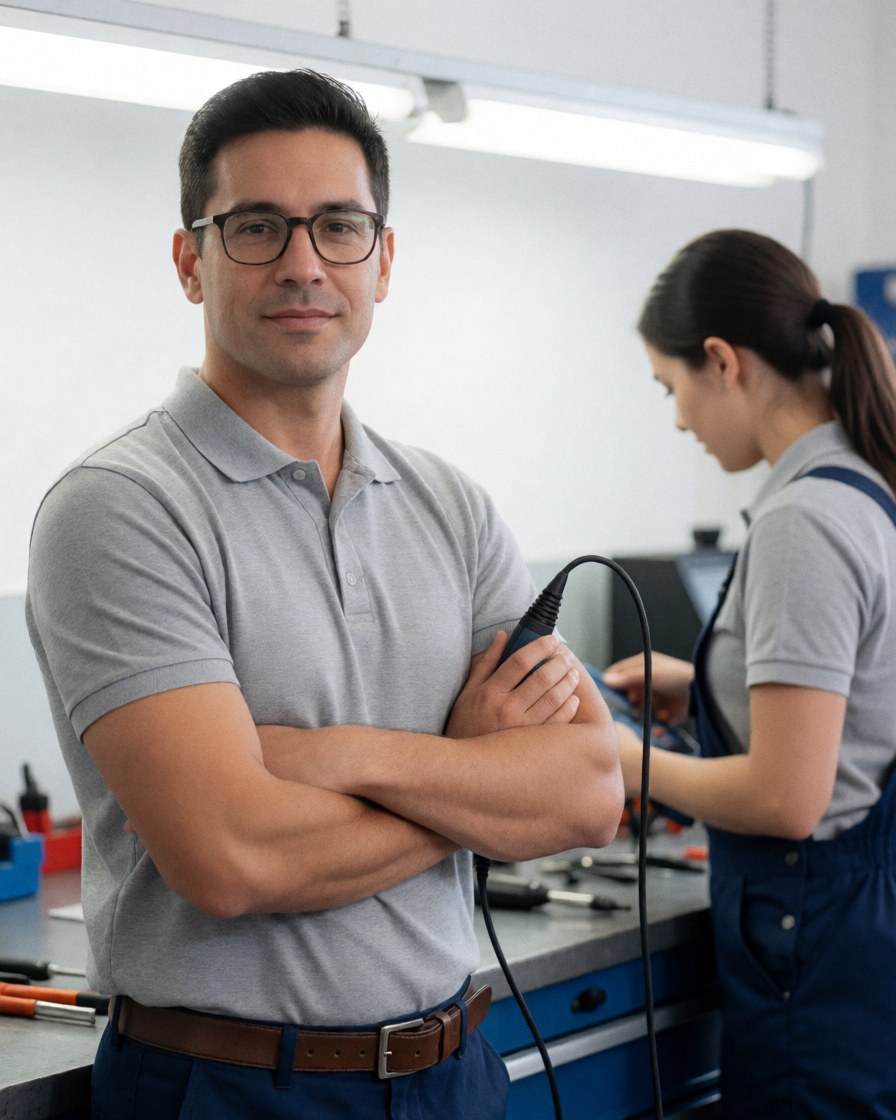 Male technician wearing glasses and polo shirt holding a diagnostic tool, standing with arms crossed in a repair workshop with fluorescent lighting and a work table.