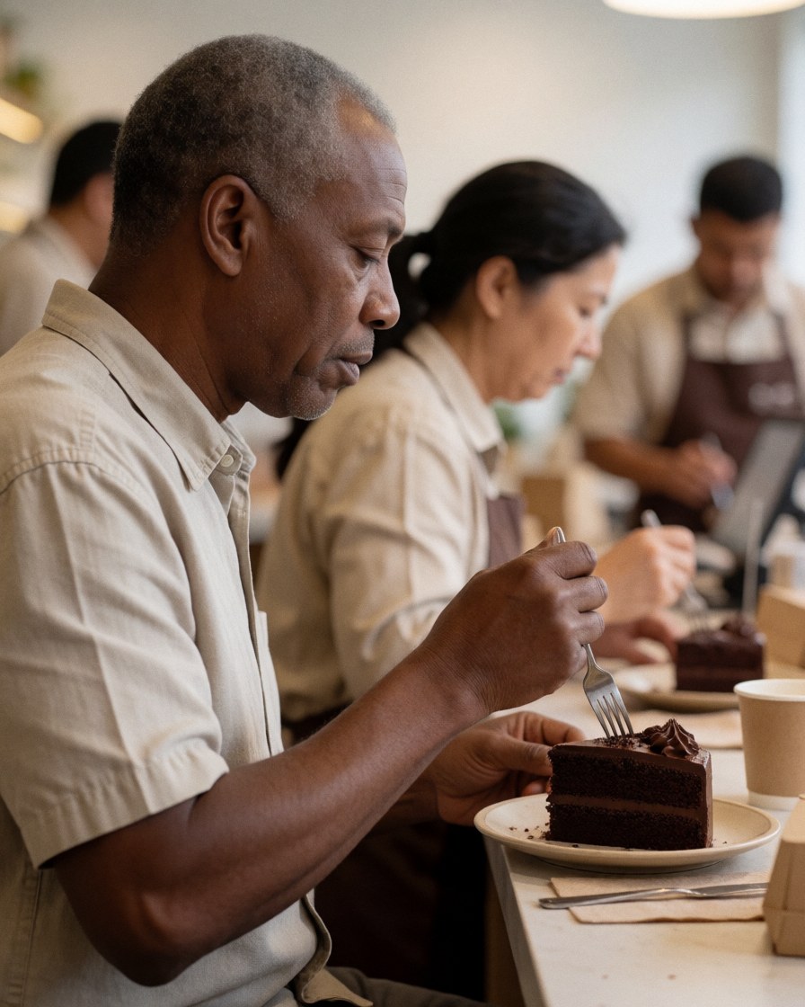 A smiling man enjoys a slice of chocolate cake at a table in a warm cafe while others work in the background