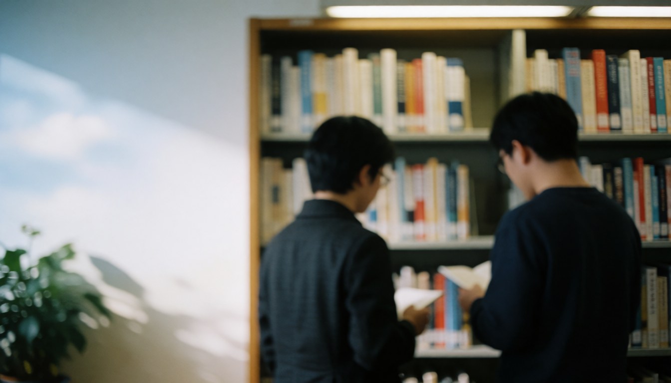 Two students from behind looking at books on a library shelf with natural light and a blurred background