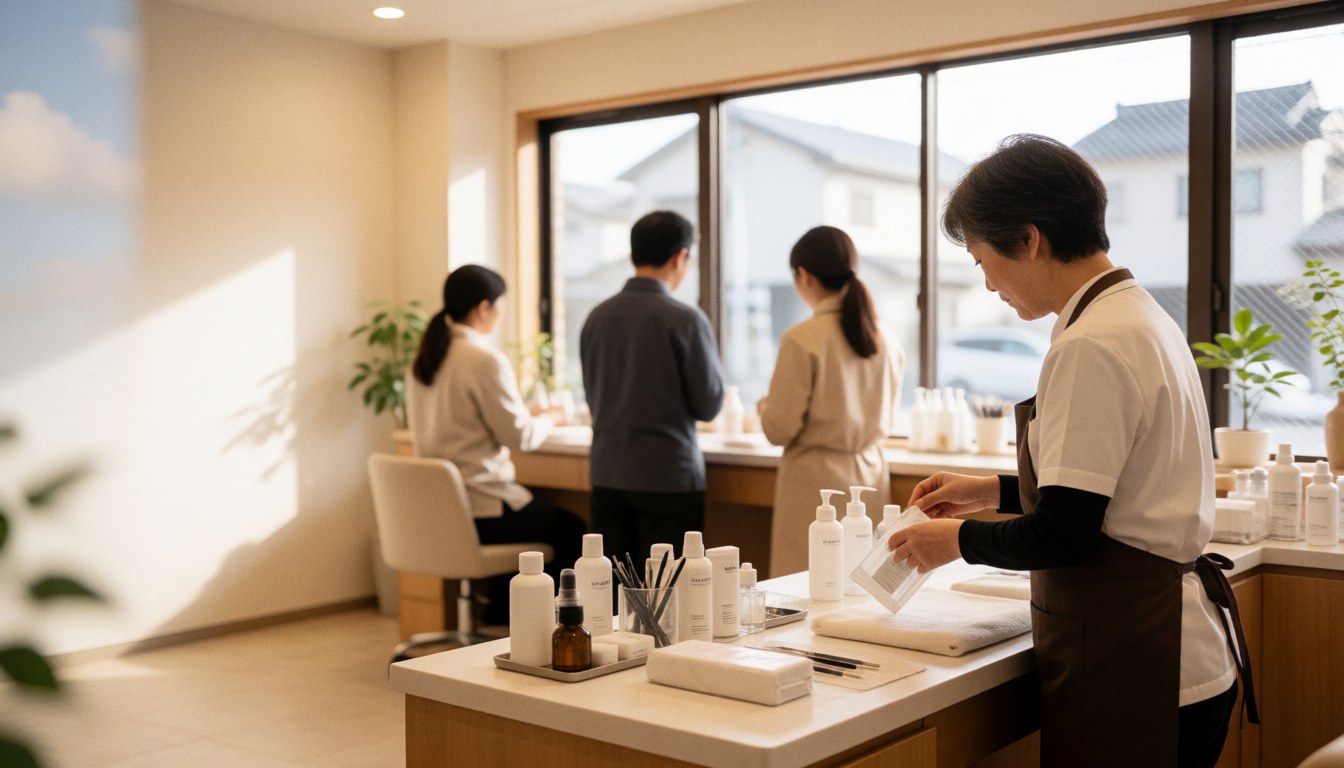 An esthetician organizes nail care products on a counter in a bright nail salon with large windows and a warm atmosphere.