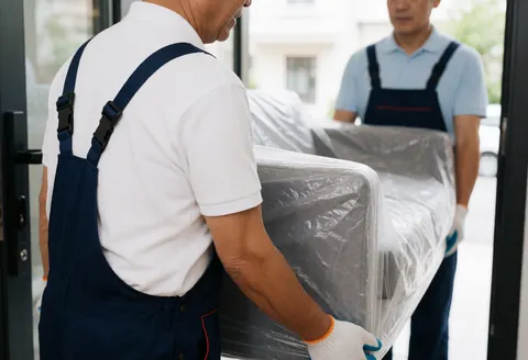 Two movers in uniforms and gloves carry a sofa wrapped in clear packing tape down a building hallway.
