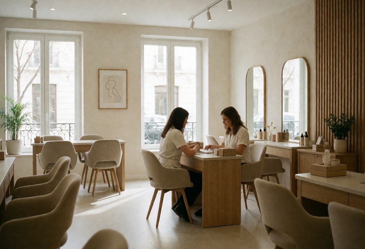 Interior of a modern nail salon featuring work tables, chairs, mirrors, and windows. Two people are working at a table in a calm, natural daylight setting.