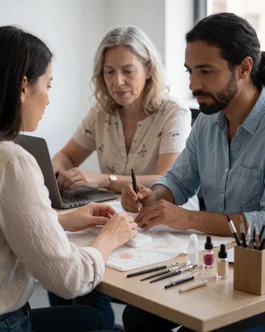 A nail technician and client work together on a computer at a desk with nail tools and polish nearby