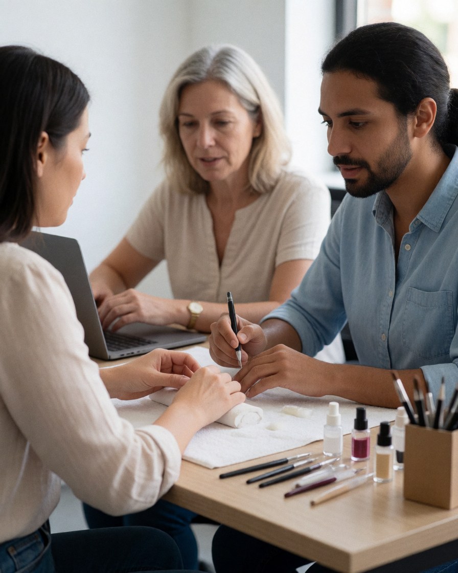 A nail technician and client work together on a computer at a desk with nail tools and polish nearby