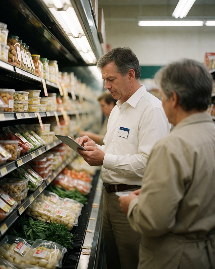 A grocery store manager reviews products on a tablet in the produce aisle while a customer stands nearby with their back to the camera.