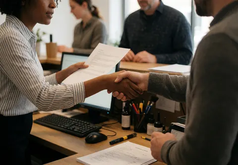 A receptionist and client shake hands while signing a document at a front desk, with a computer and office supplies visible in a professional setting.