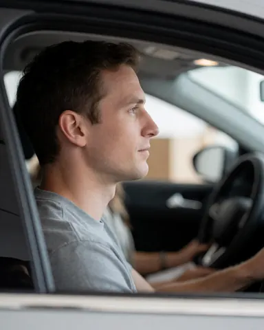 A driving school student sits in the driver's seat, looking ahead with concentration, hands on the steering wheel, with the car interior visible and a blurred background.