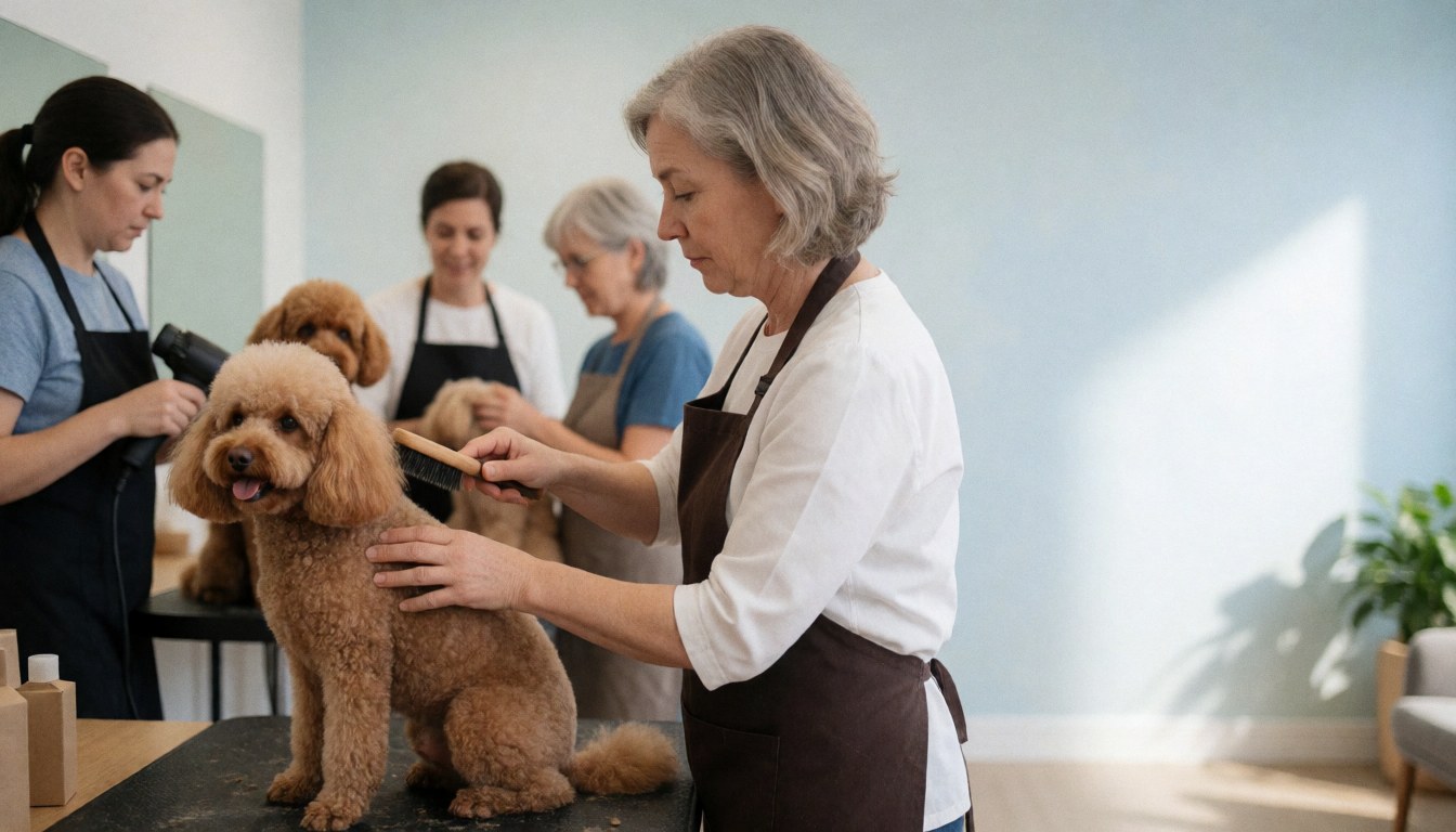 A professional groomer brushes a brown poodle while another person dries a dog in the background of a bright, clean salon with light walls and a plant.