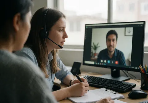 Customer service agent wearing a headset explaining a solution to a client during a video call while seated at a desk with a computer.