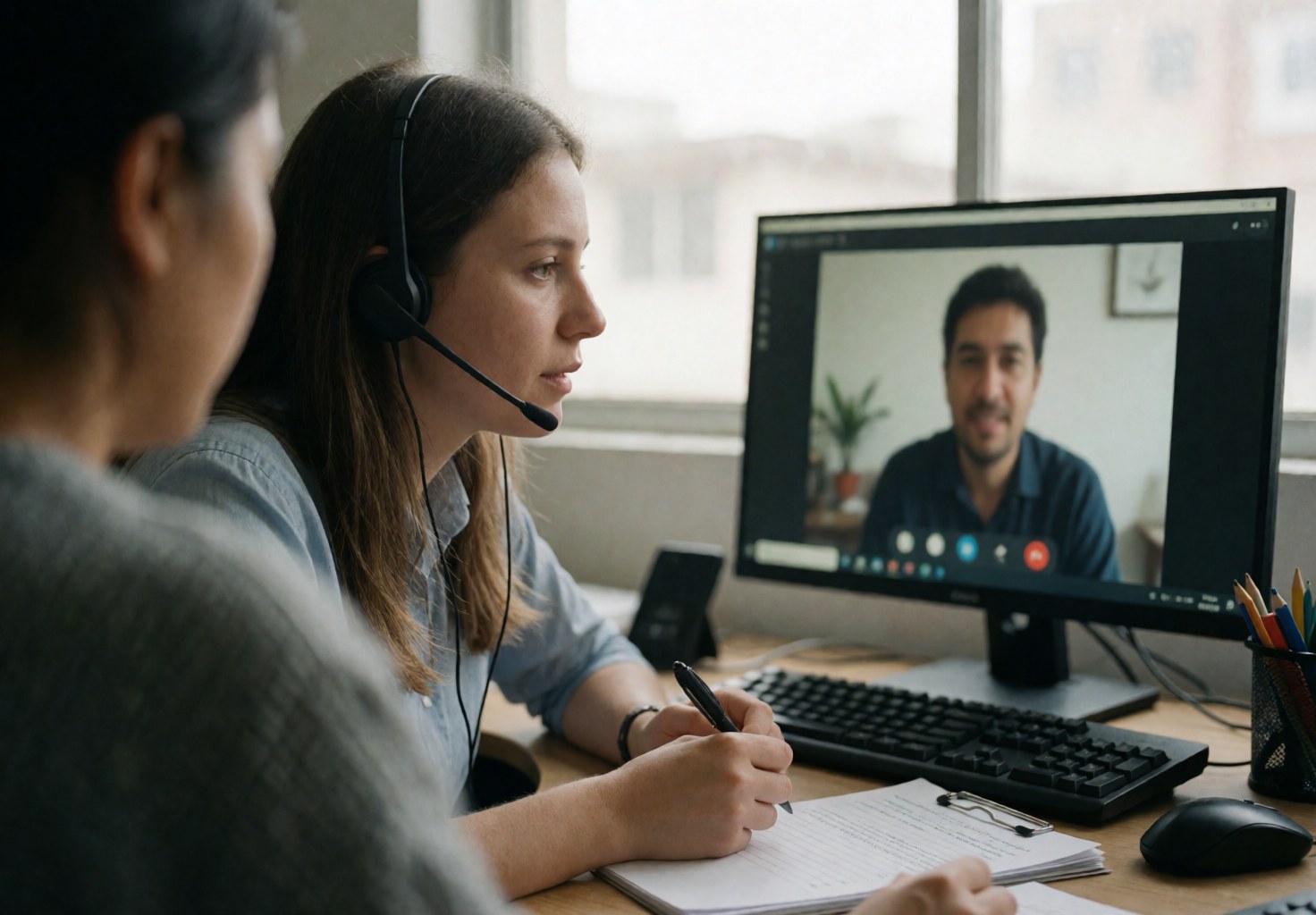 Customer service agent wearing a headset explaining a solution to a client during a video call while seated at a desk with a computer.