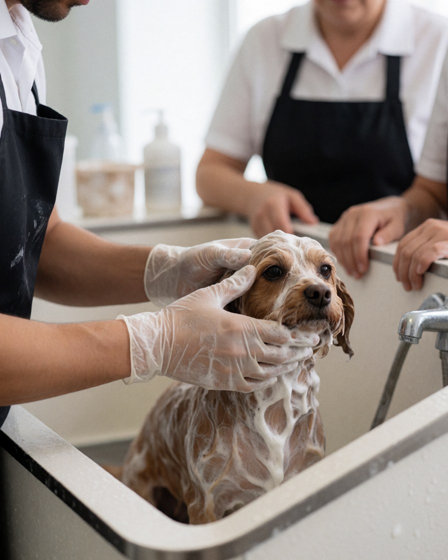 A professional groomer washing a dog in a tub with water and soap during a grooming session