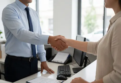 Receptionist in a modern office shaking hands with a client to show professionalism and welcome in a bright workspace.