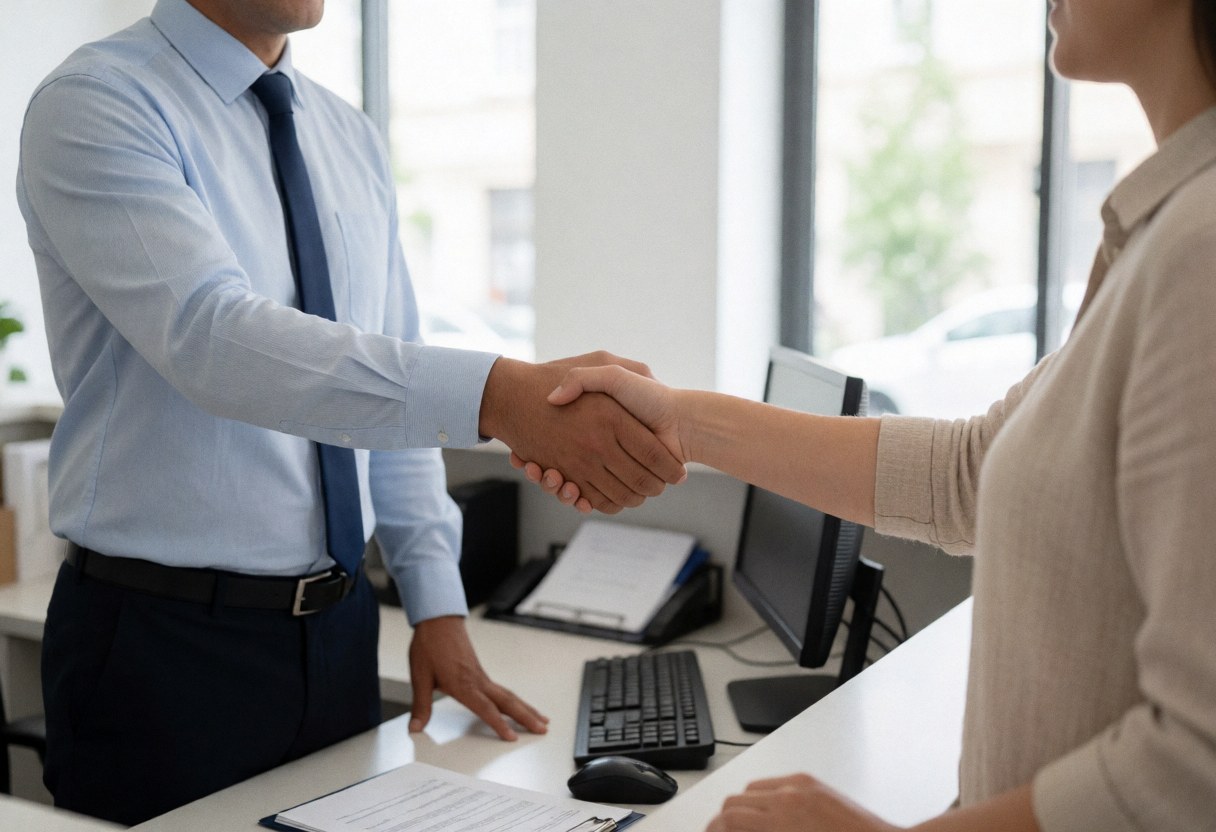 Receptionist in a modern office shaking hands with a client to show professionalism and welcome in a bright workspace.