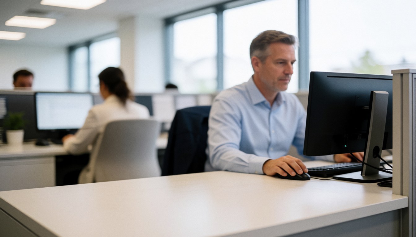 Customer service professionals working at computers in a clean, professional office environment suitable for business websites.