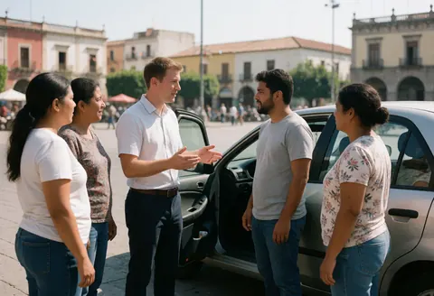 Driving instructor explains traffic rules to students standing beside an open car door in a city plaza with historic buildings under sunlight