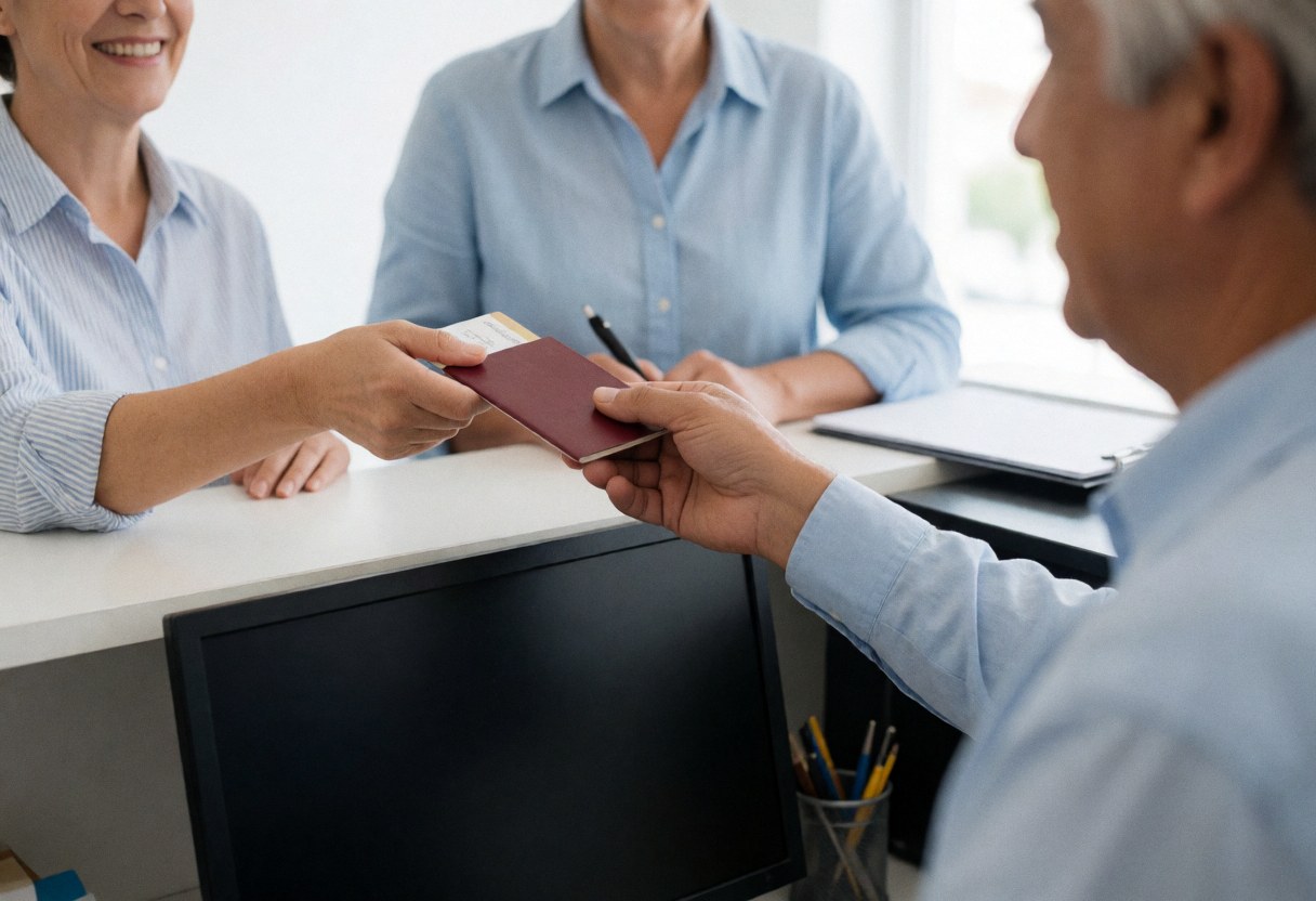 A travel agent hands a passport and ticket to a client at a desk with a computer and pen.