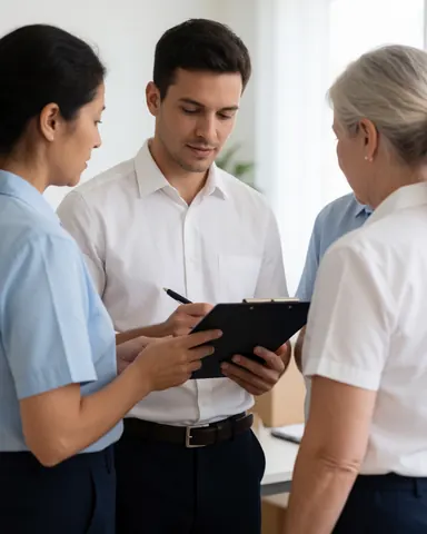 Three psychologists in an office collaborate to review a patient case file together, discussing evaluation details and working as a professional team.