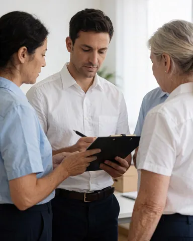 Three psychologists in an office collaborate to review a patient case file together, discussing evaluation details and working as a professional team.