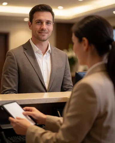 A smiling hotel receptionist in a blazer assists a client at the wooden front desk using a tablet in a warmly lit professional setting.