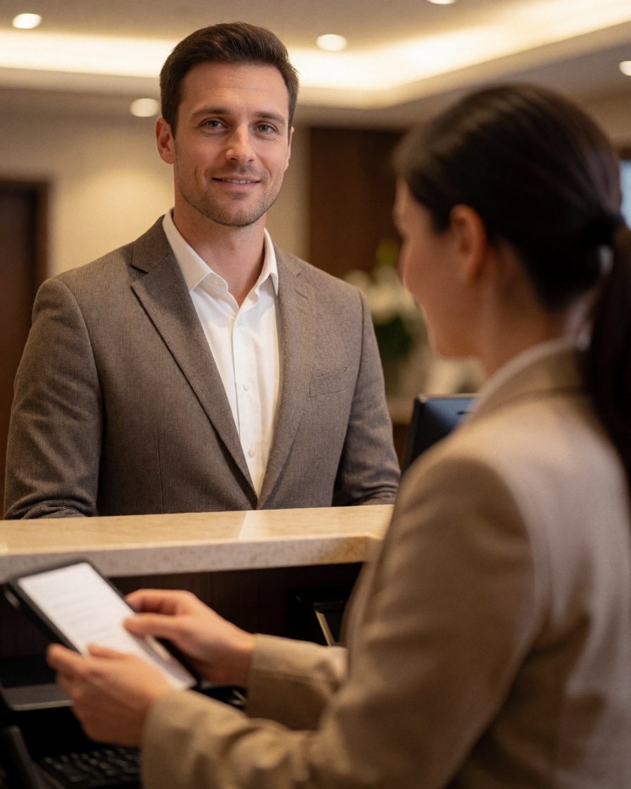 A smiling hotel receptionist in a blazer assists a client at the wooden front desk using a tablet in a warmly lit professional setting.