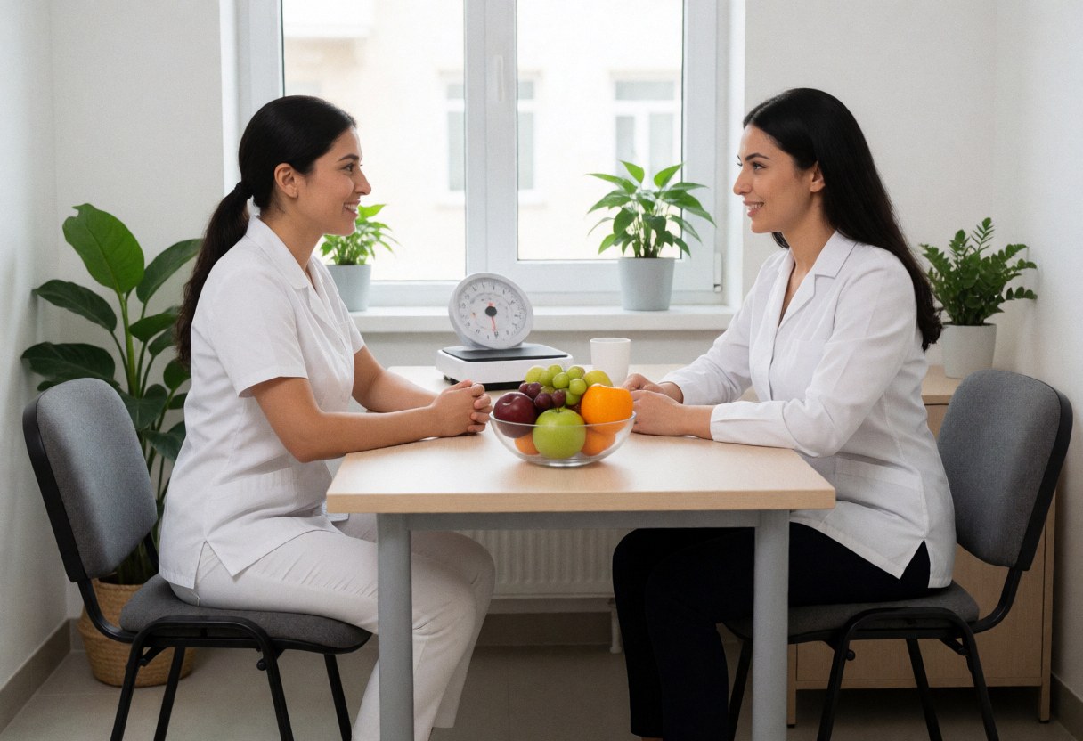 A nutritionist and patient talk in a bright, clean office with fresh fruits, a scale, and plants on the table and windowsill.