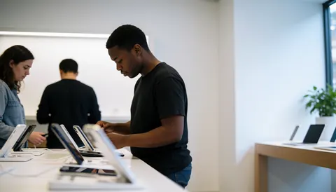 A technician displays mobile devices to customers in a clean, modern electronics store with LED lighting and wooden tables.