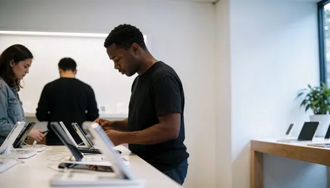 A technician displays mobile devices to customers in a clean, modern electronics store with LED lighting and wooden tables.