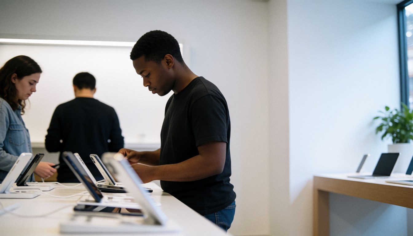 A technician displays mobile devices to customers in a clean, modern electronics store with LED lighting and wooden tables.