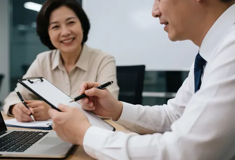 A strategist presents results to a client in a bright office meeting, both using notebooks and computers in a professional corporate setting.