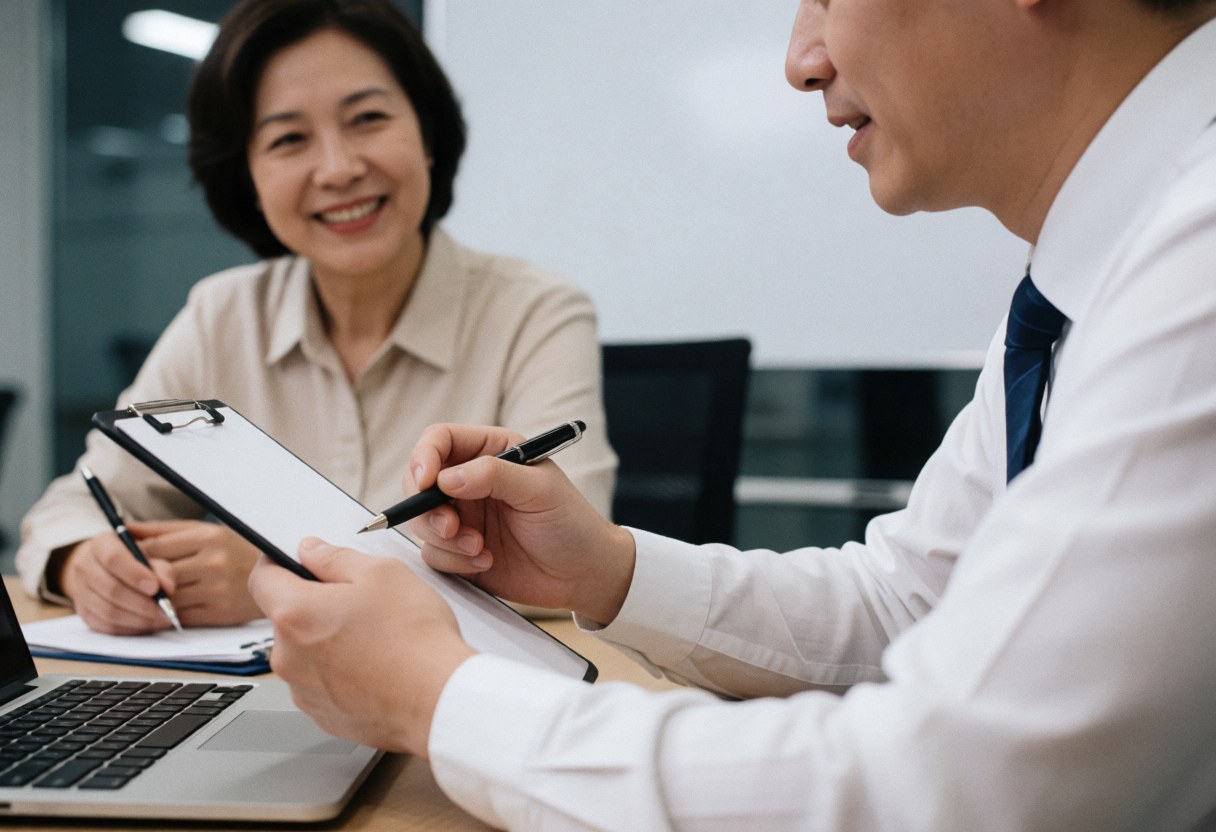 A strategist presents results to a client in a bright office meeting, both using notebooks and computers in a professional corporate setting.