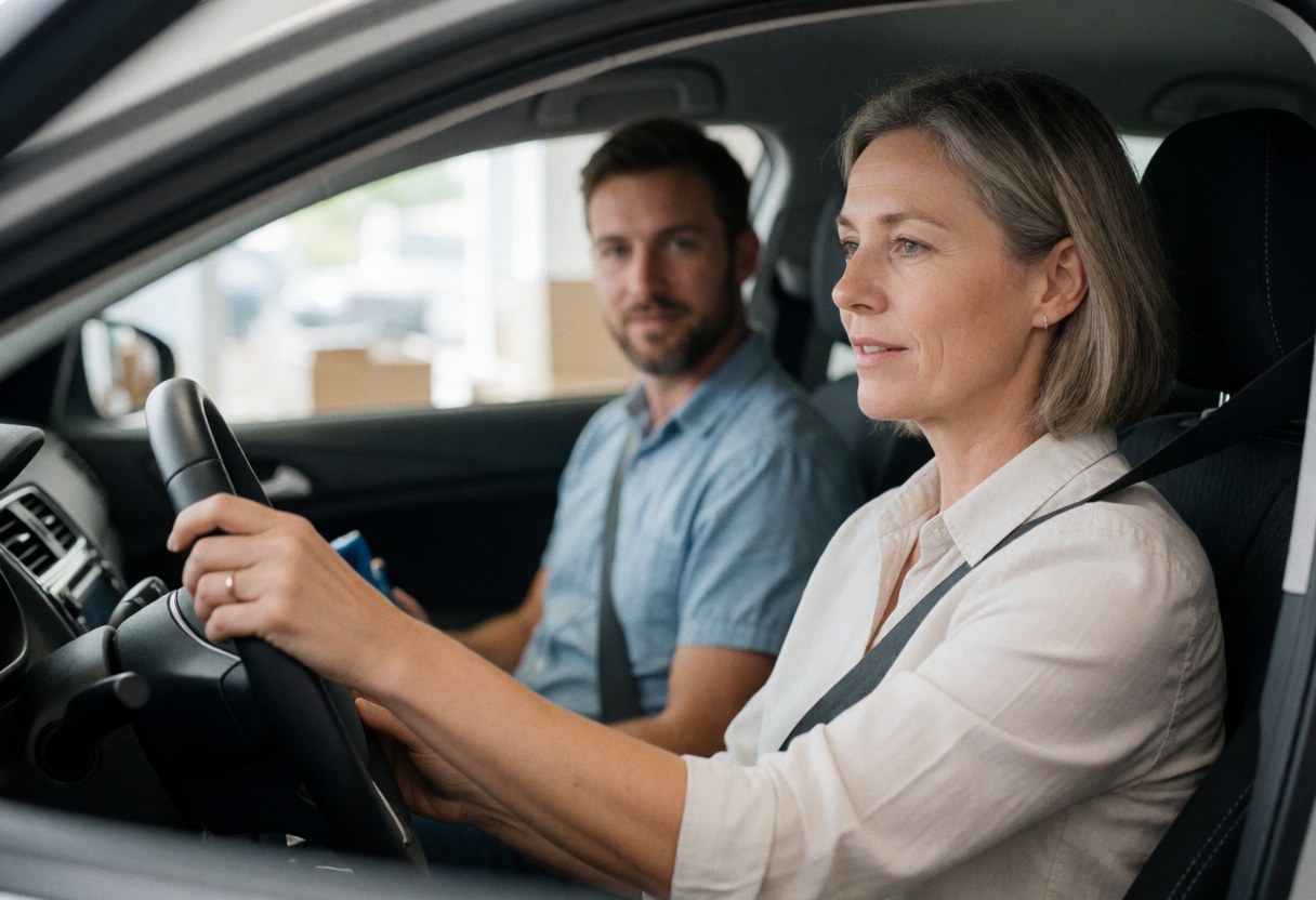 A female driving instructor teaches a client how to drive inside a car on a sunny day. Both are wearing seatbelts in this realistic and professional scene.
