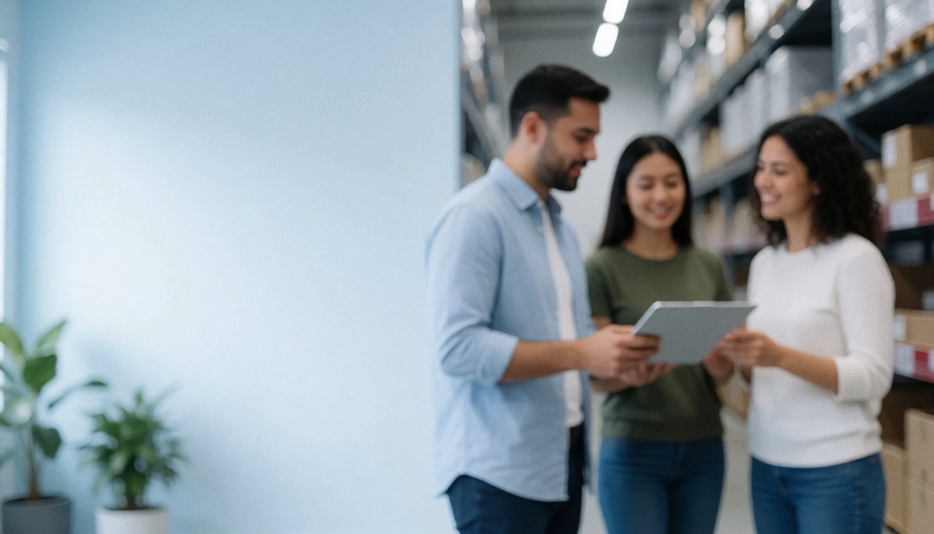 A clean warehouse background featuring logistics equipment, storage boxes, and a business team working together in a professional environment.