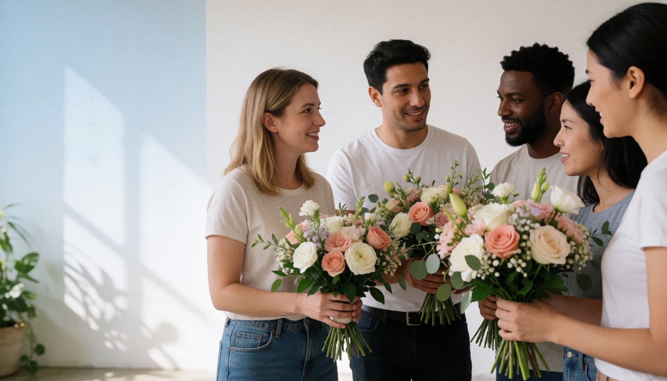 Smiling wedding planning team holding flower branches in a bright indoor space, perfect for events and weddings.