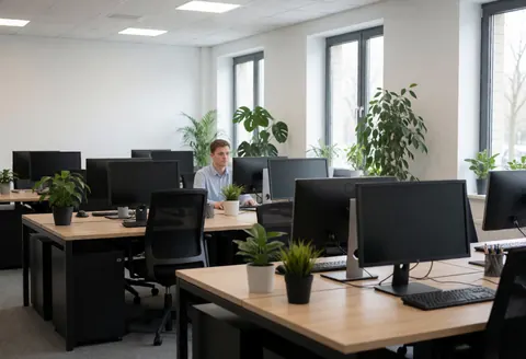 A clean and organized empty marketing office with a desk, chair, computer, plants, and natural light from a window