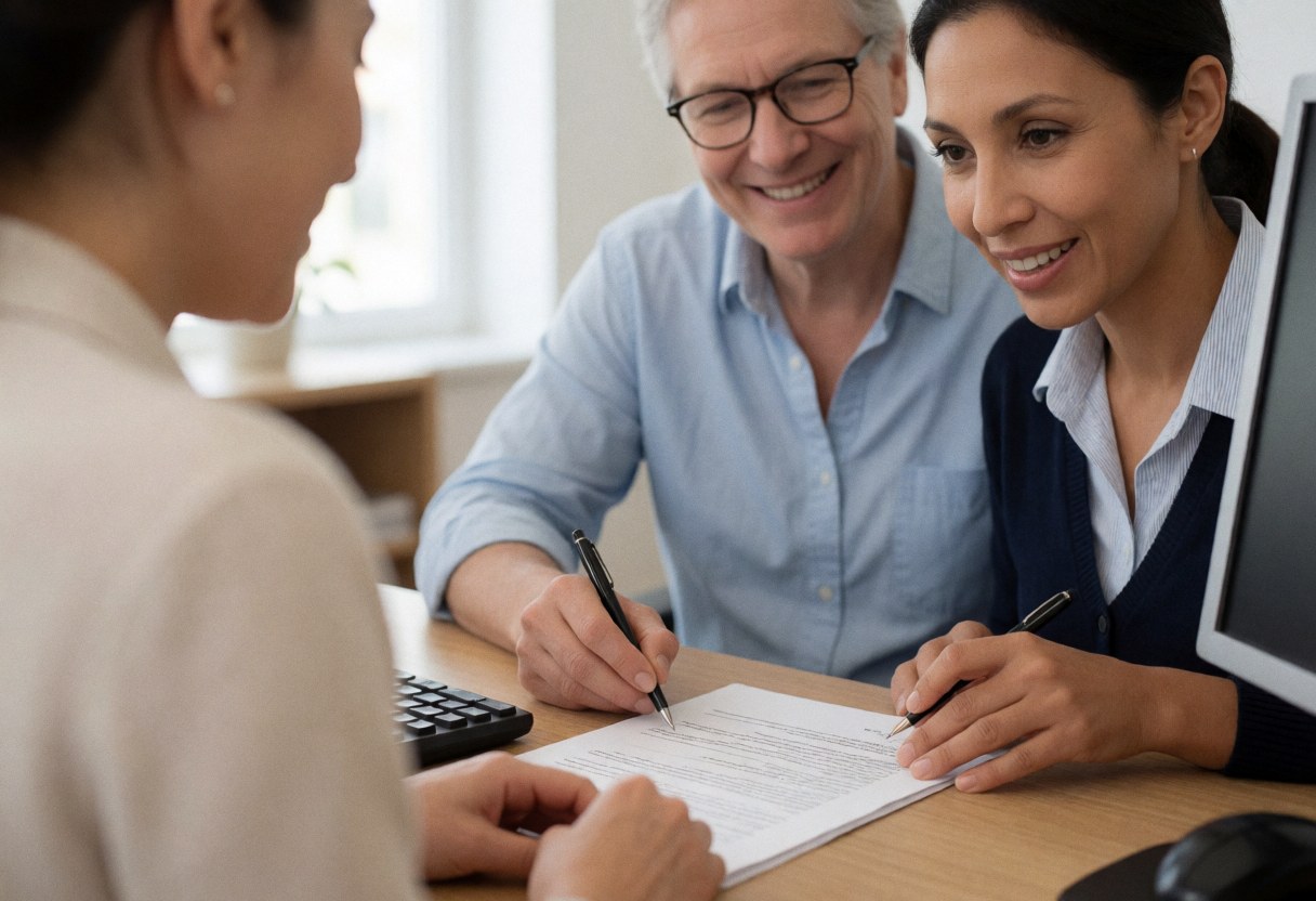 A professional and a smiling client sign a document at an office desk with a computer and keyboard visible.
