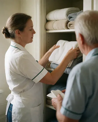 A housekeeping employee arranges towels in a bathroom closet while another person stands with their back to the camera during work.