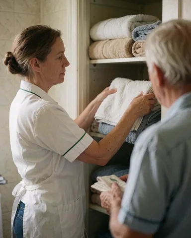 A housekeeping employee arranges towels in a bathroom closet while another person stands with their back to the camera during work.