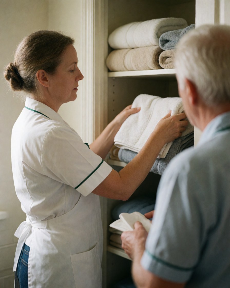 A housekeeping employee arranges towels in a bathroom closet while another person stands with their back to the camera during work.