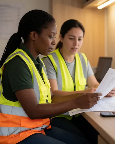Two female professionals in safety gear review construction plans together inside a trailer on a realistic job site.