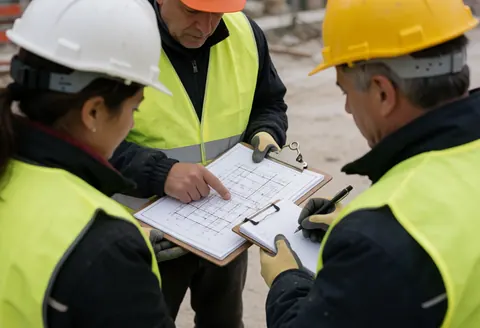 Uniformed officers inspecting architectural plans and documents while standing on an active construction site wearing safety gear