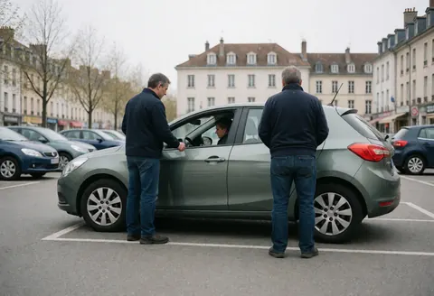 Driving instructor teaching a student in a car in an urban parking lot with buildings in the background