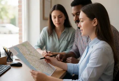 A travel agent explains a map to a couple seated at a desk in an office with natural light from a window.