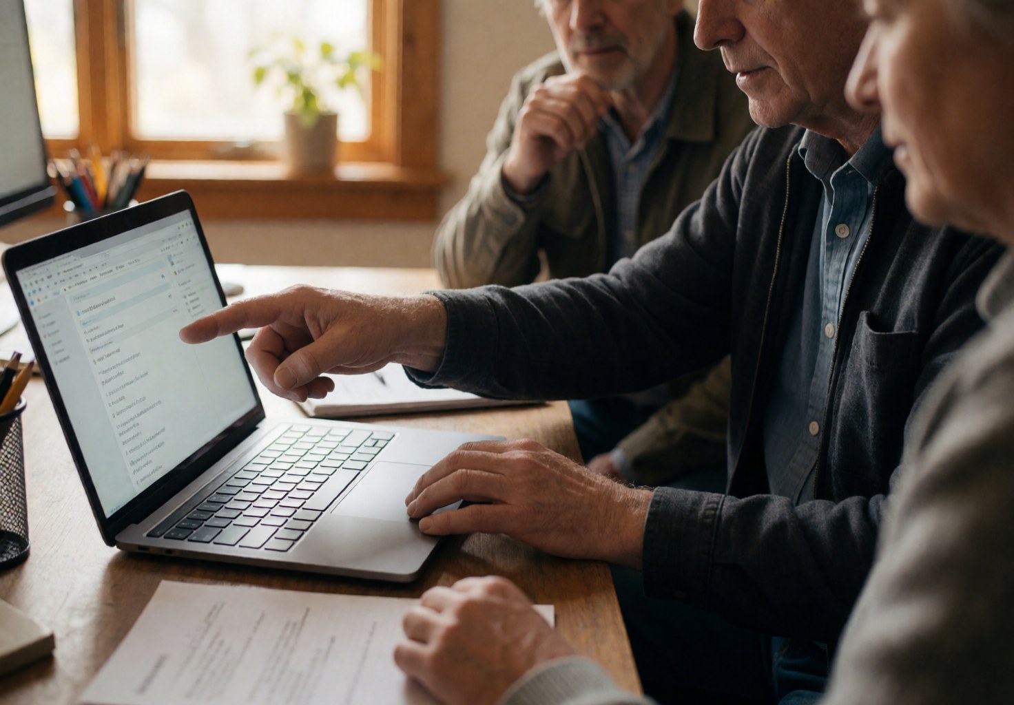 A consultant explains something on a laptop while a client watches attentively in a sunlit office with a plant near the window.