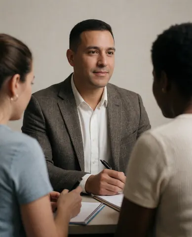 A university advisor sits at a wooden table with two students, reviewing notebooks and pens in a professional educational setting.