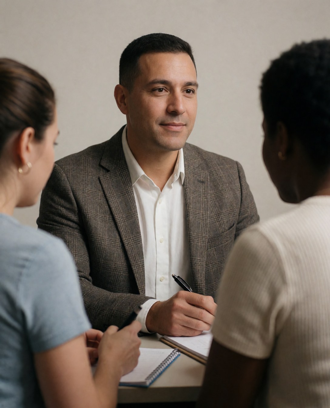 A university advisor sits at a wooden table with two students, reviewing notebooks and pens in a professional educational setting.