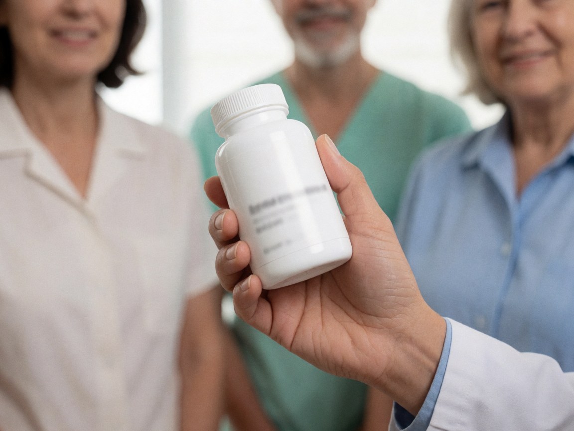 Close-up of a hand holding a supplement bottle with smiling people in an office background.
