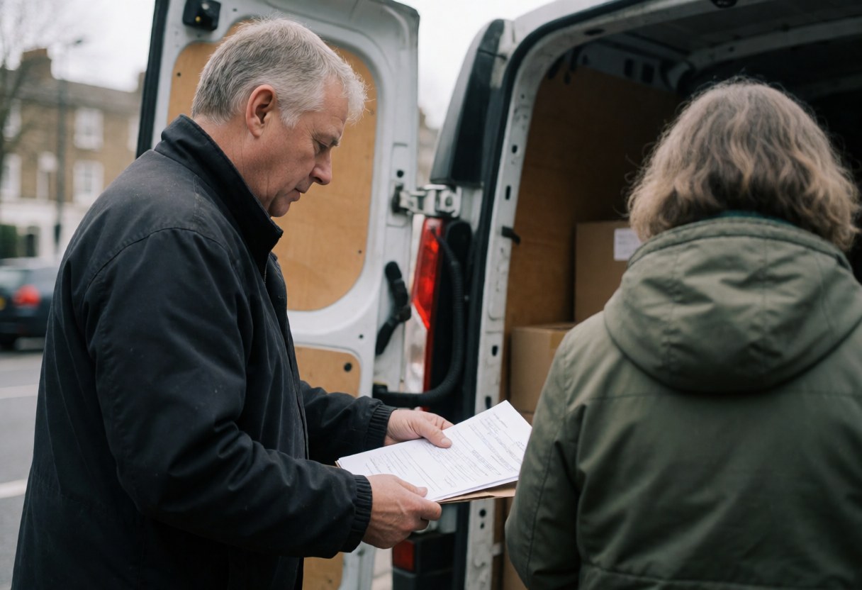 A delivery worker checks a document with a client while loading goods into a van on a city street under an overcast sky.