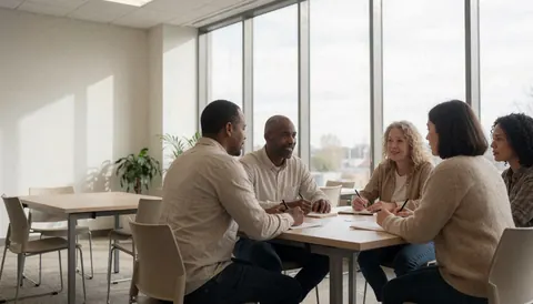 A group of adult students sitting at a table in a bright room with large windows, taking notes and discussing during a language lesson