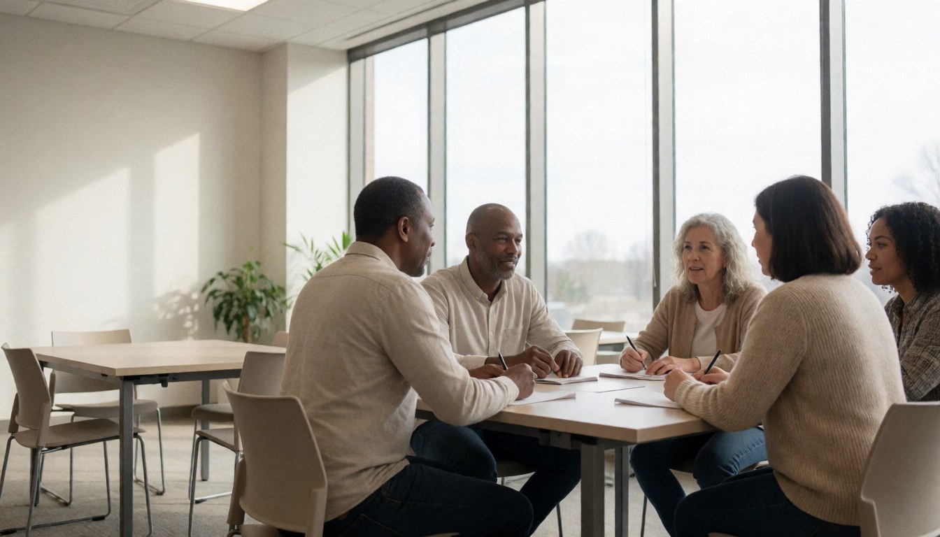 A group of adult students sitting at a table in a bright room with large windows, taking notes and discussing during a language lesson