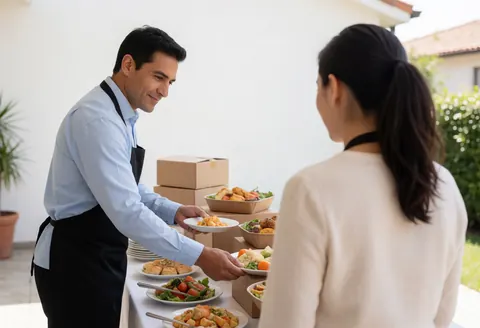 A staff member carefully arranging food items and dishes on a buffet table to prepare for a client event